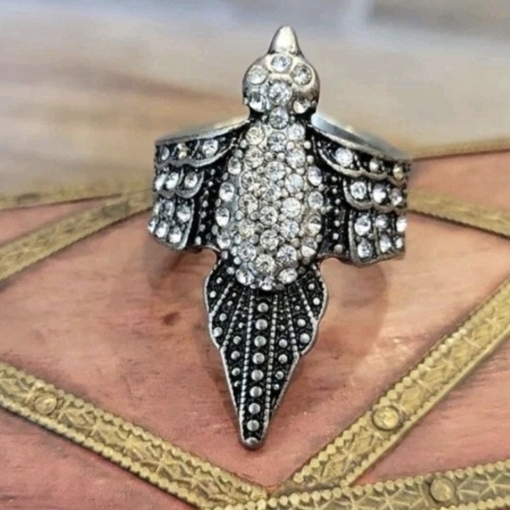 Vintage Marcasite Vibes Rhinestone Detail Silver Tone Bird Ring, Size 9